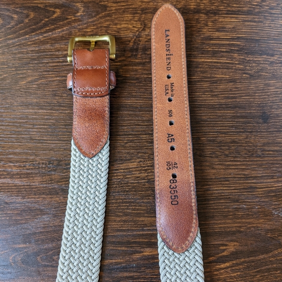 Lands' End Light Beige Braided Elastic Leather End Brass Buckle Belt - Picture 5 of 10